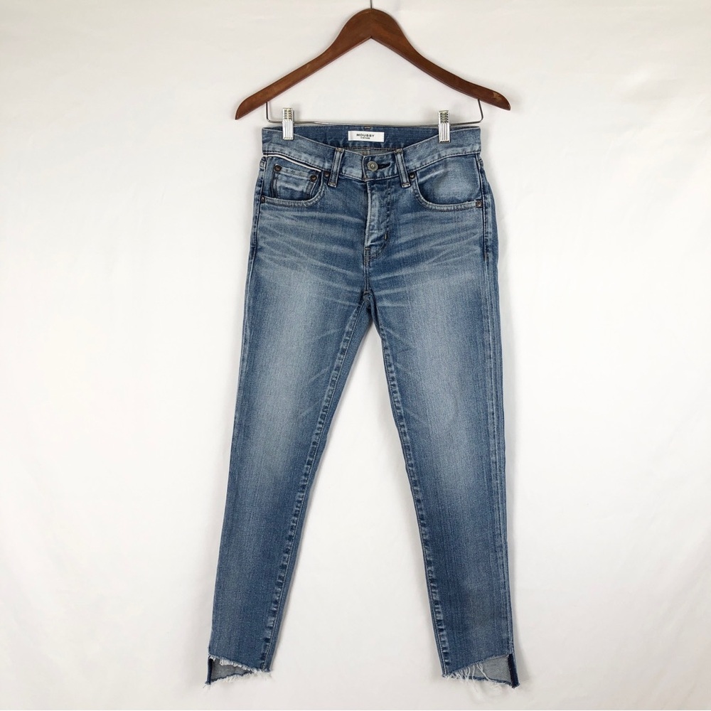 Moussy Vintage Mid Rise Skinny Jean Asymmetrical Raw Hem Medium Wash Size 23